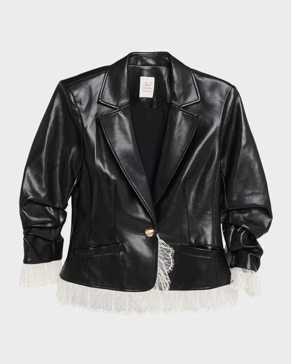 Lace-Trim Vegan Leather Blazer